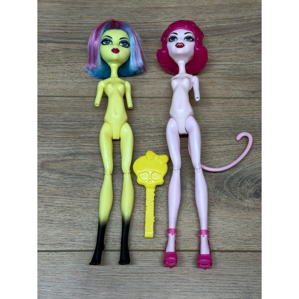 Monster High Create-A-Monster Lot Yellow Insect + Pink Cat Bodies Wigs Brush
